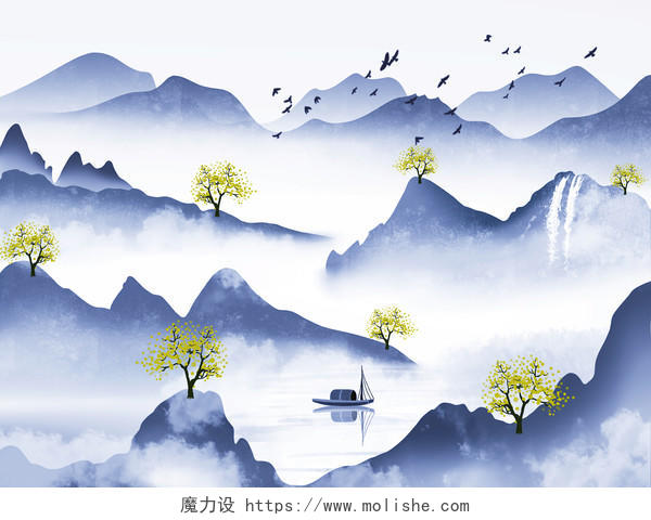 中国风水墨中式山水手绘插画